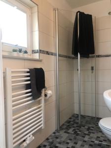 y baño con ducha, aseo y lavamanos. en Ferienhäuser am Wisentpfad, en Bad Berleburg