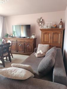 a bedroom with a bed and a dresser with a mirror at Mieszkanie Mickiewicza ... 45 in Sandomierz