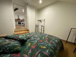 a bedroom with a bed with a green comforter at Appartements Baron Bouvier in Vesoul
