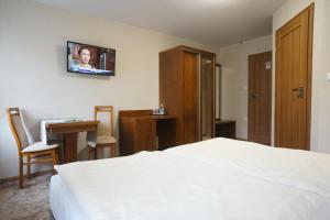 Habitación de hotel con cama y TV en la pared en Hotel Alexandra en Olesno