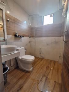 een badkamer met een wit toilet en een wastafel bij Date Palm Home Stay in Tezpur