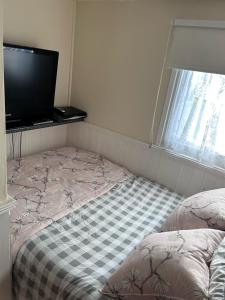 a bedroom with a bed with a television on it at Chalet 71 in Leysdown-on-Sea