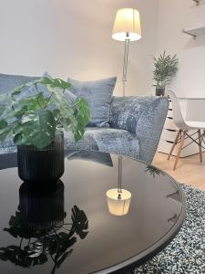 ein Wohnzimmer mit einem Glastisch mit einer Pflanze darauf in der Unterkunft RaumtoGo No1 Modernes Ruhiges 2-Schlafzimmer Apartment in Wiesbaden City & Park in Wiesbaden