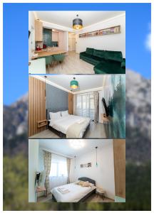 a collage of three pictures of a hotel room at Cross Caraiman View 1 in Buşteni