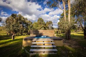 Windeyer的住宿－Tiny House Farmstay at Dreams Alpaca Farm - A Windeyer Outback Experience，田间中带游泳池的建筑