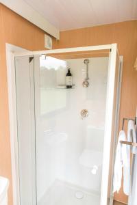 a shower with a glass door in a bathroom at Gumnut in Kangaroo Valley