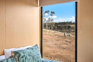 a view of a field through a sliding glass door at Cabernet Tiny House in Windeyer