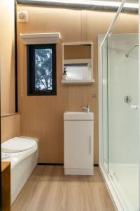 a bathroom with a toilet and a sink and a shower at Prunus Hideaway 
