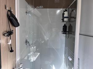 a shower with a glass door in a bathroom at Tiny Towrang 