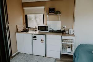 una pequeña cocina con microondas y nevera. en Nomad Nation, en Mount Perry