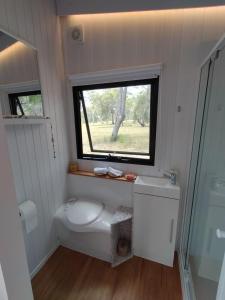 un piccolo bagno con servizi igienici e finestra di Ohana Hut a Deepwater