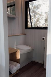 a small bathroom with a toilet and a window at Tiny Tamborine 2 in Wongawallan