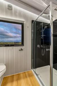 a bathroom with a shower and a toilet and a window at Montara Views 1 in Ararat