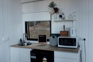 a kitchen with a counter with a microwave and a sink at Tiny Tamborine 1 in Wongawallan