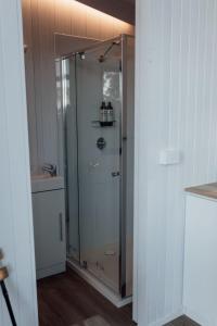 W łazience znajduje się prysznic ze szklanymi drzwiami. w obiekcie Tiny Tamborine 1 w mieście Wongawallan