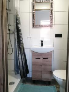 a bathroom with a sink and a mirror at Włóczykijówka in Jarnołtówek