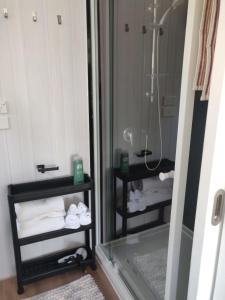 a bathroom with a shower and two shelves with towels at Olive Grove Retreat 2 in Lake Boga
