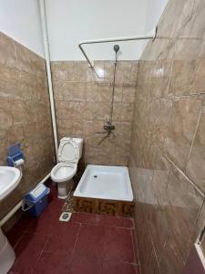 ein Badezimmer mit einer Badewanne, einem WC und einem Waschbecken in der Unterkunft Guest House Medic in Nukus