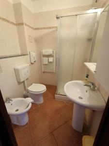 a bathroom with a toilet and a sink and a shower at Agriturismo Vecchio Torchio in Canelli