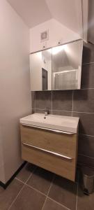 ein Bad mit einem Waschbecken und einem Spiegel in der Unterkunft Chez Philippe et Agnès in Vauciennes