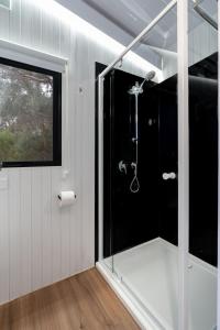 a glass shower in a bathroom with a window at Left Field Tiny House in Ashbourne