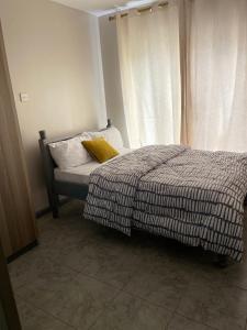 - une chambre avec un lit avec deux oreillers et une fenêtre dans l'établissement Lulu’s staycations Tsavo, à Nairobi