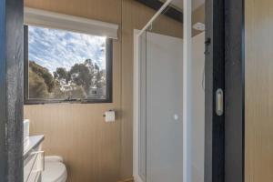 a bathroom with a window and a toilet and a shower at Avon River Homestead 