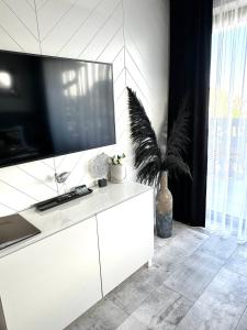 uma sala de estar com uma televisão de ecrã plano num armário branco em Apartamenty Blue Baltic Chłopy nad morzem em Chłopy