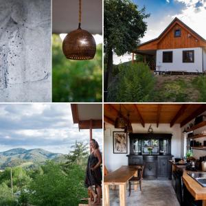 a collage of photos of a house and a woman in a kitchen at Libling Hruštička in Banská Štiavnica