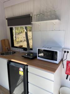 a microwave sitting on top of a counter in a kitchen at Hill Creek 2 Tiny House in Perwillowen
