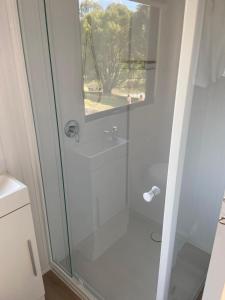 a shower with a glass door in a bathroom at Hill Creek 2 Tiny House in Perwillowen