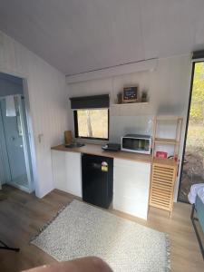a small kitchen with a counter and a microwave at Hill Creek 2 Tiny House in Perwillowen