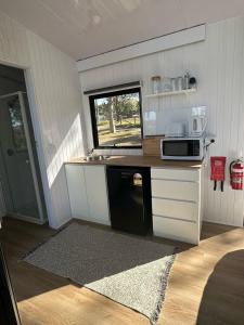 - une petite cuisine avec un comptoir et un four micro-ondes dans l'établissement The Retreat Tiny House, à Lagoon Pocket