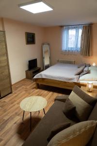 een woonkamer met een bed en een bank bij Hotel U Beránků in Libochovice