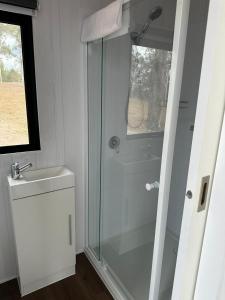 y baño con ducha y lavamanos. en The Retreat Tiny House 2 en Lagoon Pocket
