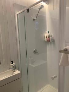 a shower with a glass door in a bathroom at Tiny House Elevation 156 in Amamoor