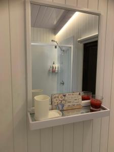 - une étagère avec une boîte dans la salle de bains dans l'établissement Tiny House Elevation 156-2, à Amamoor