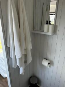 a bathroom with white towels and a roll of toilet paper at Toowoomba Valley Views in Gowrie Little Plain