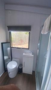 a small bathroom with a toilet and a shower at Hill Creek 3 Tiny House in Perwillowen