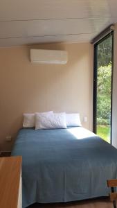 1 dormitorio con cama azul y ventana en Natural Age, 