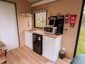 une petite cuisine avec un four micro-ondes sur un comptoir dans l'établissement Streamside Tiny House, à Mangatarata