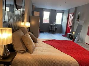 a bedroom with a large bed with a red blanket on it at Le studio urbain qu’il vous faut ! in Saint-Dizier
