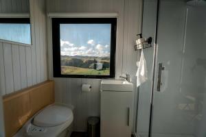 a small bathroom with a toilet and a window at Mighty Tiny House 1 in Ruawaro