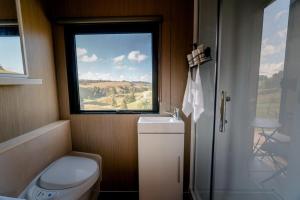 a small bathroom with a toilet and a window at Mighty Tiny House 2 in Ruawaro