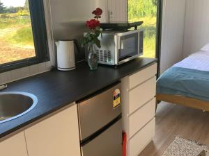 a kitchen counter with a microwave and a sink at Arariri River Rest in Springston