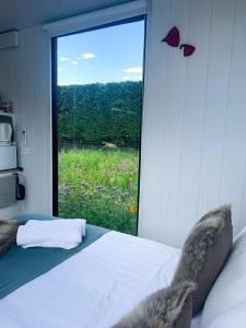 a bedroom with a bed and a window with butterflies on the wall at Muddy Hill Moments in Arrowtown