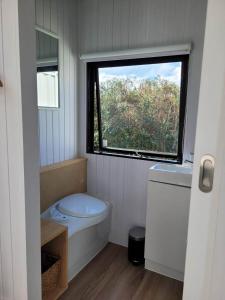 a small bathroom with a toilet and a window at Deloraine Tiny Retreat in Whangarei