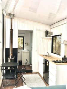 - une cuisine avec une cuisinière et une table dans une chambre dans l'établissement Aroha Tiny House, à Rangihaeata