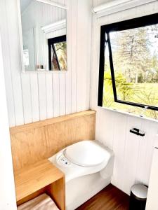 a small bathroom with a toilet and a window at Aroha Tiny House in Rangihaeata