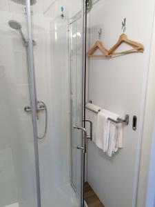 a bathroom with a shower and a glass shower stall at Creekside at Kuaotunu in Matarangi